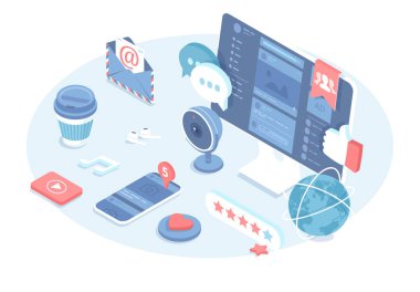 Sosyal medya konsepti. İçerik pazarlama, sosyal ağ izleme, internet promosyonu. 3 boyutlu tasarım içinde vektör illüstrasyonu. Isometric web pankartı.