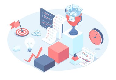 İş büyümesi, gelir artışı. Başarılı iş stratejisi. Mali işler ve yönetim. 3 boyutlu tasarım içinde vektör illüstrasyonu. Isometric web pankartı.