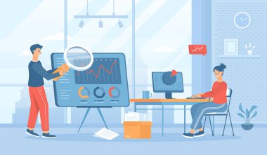 Büyük veri analizleri, iş istatistikleri araştırmaları. Analistler grafikleri, grafikleri, veritabanını analiz ederler. Pankart, web tasarımı veya iniş web sayfası için insan karakterleri ile düz çizgi film vektör çizimi