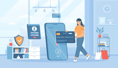 Mobil bankacılık, online internet ödemesi. Mobil uygulama, para transferleri için servis. Pankart, web tasarımı veya iniş web sayfası için insan karakterleri ile düz çizgi film vektör çizimi