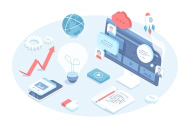 Yenilik ve sosyal ağ konsepti. Ampul ve küresel ağ bağlantısı. Fikirler ve strateji. 3 boyutlu tasarım içinde vektör illüstrasyonu. Isometric web pankartı.