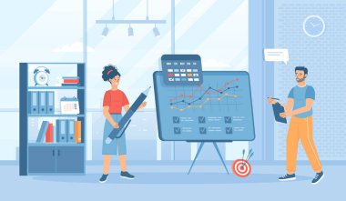 İş planlaması. Strateji ve analiz projesi. Finansal yenilenme ve başarılı iş geliştirme. İnsanların afiş, web sitesi tasarımı, iniş baba karakterleri ile düz çizgi film vektör illüstrasyonu