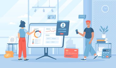 Sanal finans. Çevrimiçi bankacılık ve muhasebe. Çevrimiçi ödeme, finansal işlemler, muhasebe araştırmaları. Pankart, web sitesi tasarımı için insan karakterleriyle düz çizgi film vektör çizimi