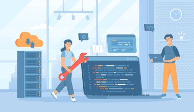 Arka uç geliştirme kodlama ve programlama. Yazılım mühendisliği süreci. Pankart, web tasarımı veya iniş web sayfası için insan karakterleri ile düz çizgi film vektör çizimi