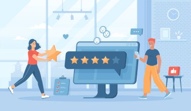 En iyi geri bildirim, beş yıldız puanı. Müşteri değerlendirmesi olumlu. Kullanıcı memnuniyeti, tavsiyeler. Pankart, web sitesi tasarımı veya iniş sayfası için insan karakterleriyle düz çizgi film vektör illüstrasyonu