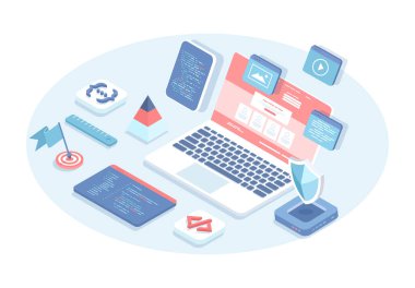 Programlama yazılım konsepti. Tam yığın yazılım geliştirme, mühendislik, programlama ve test şablonu. 3 boyutlu tasarım içinde vektör illüstrasyonu. Isometric web pankartı.