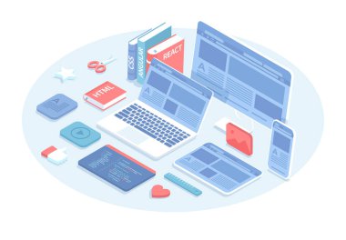Ön cephe gelişimi. Bir monitör ekranında UI UX arayüzü, laptop, tablet, telefon. Yazılım geliştirme, ön-yüz kodlama. 3 boyutlu tasarım içinde vektör illüstrasyonu. Isometric web pankartı.