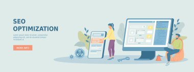 Ses analizi. Arama motoru için optimizasyon alanı, promosyon için online pazarlama stratejisi. Promosyon web afişi. Çizgi film düz vektör çizimi.