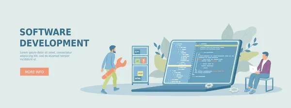Yazılım geliştirme. Programcılar bilgisayar yazılımı yaratırlar, kod yazarlar, test programları. Promosyon web afişi. Çizgi film düz vektör çizimi.