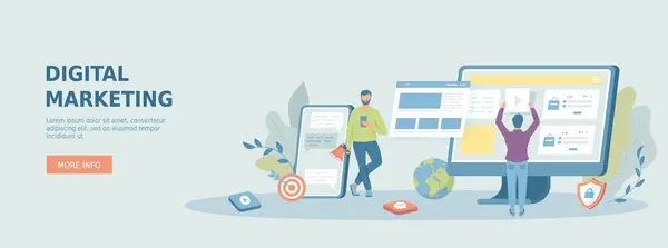 Dijital pazarlama, internet reklamı. İçerik stratejisi ve yönetim, analiz, gelişme. Promosyon web afişi. Çizgi film düz vektör çizimi.