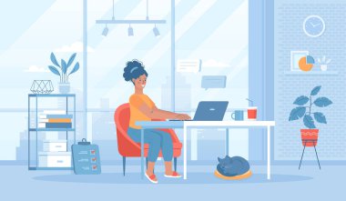 Serbest meslek kavramı. İnternet işi, internet işçisi. Kız evde rahat bir ortamda çalışıyor. Pankart, web tasarımı veya iniş web sayfası için insan karakterleri ile düz çizgi film vektör çizimi