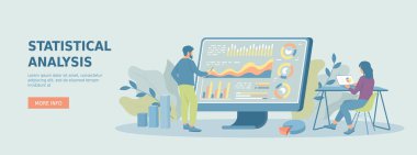 İstatistiksel analiz. Veri denetimi, araştırma, planlama, mali yönetim. İnsanlar verilerle çalışır. İş tanıtım sitesi afişi. Çizgi film düz vektör çizimi.