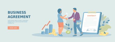 İş anlaşması ya da anlaşma, ortaklık, işbirliği, işbirliği. Sözleşme imzası. İş arkadaşları el sıkışıyor. Promosyon web afişi. İnsan karakterli çizgi film vektör illüstrasyonu