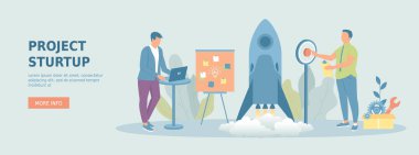 Proje açılışı. Yeni fikirleri, vizyonu, büyüme stratejisi, yeniliği olan takım projesi. Başarılı bir roket fırlatma. Promosyon web afişi. Çizgi film düz vektör çizimi.