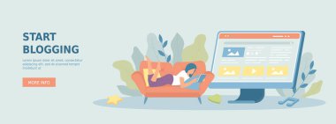 Müşteri çekmek için blog yazmaya başla. Reklam kampanyası, online tanıtımlar, sosyal ağlarda dijital pazarlama. Promosyon web afişi. Çizgi film düz vektör çizimi.