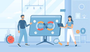 DevOps geliştiricileri sonsuzluk işareti şeklindeki otomasyon süreciyle çalışırlar. Yazılım geliştirme. Pankart, web tasarımı veya iniş web sayfası için insan karakterleri ile düz çizgi film vektör çizimi