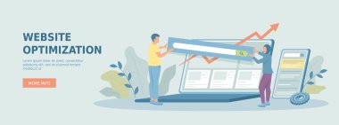 Web sitesi optimizasyonu, SEO konsepti. Arama motoru, verileri analiz eder, optimizasyon ve iyileştirme web sayfaları. Promosyon web afişi. Çizgi film düz vektör çizimi.