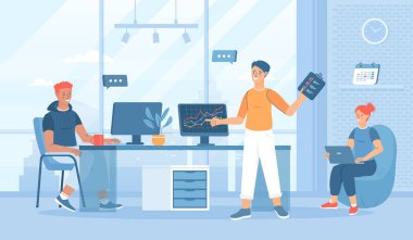 İş toplantısı. Meslektaşlar iş tartışır, iletişim kurar, ofis masasında otururlar. Pankart, web tasarımı veya iniş web sayfası için insan karakterleri ile düz çizgi film vektör çizimi