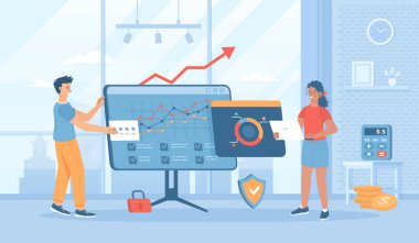 Dijital iş konsepti. Uzmanlar sanal verileri analiz ederler. Yönetim, planlama, strateji geliştirme çevrimiçi. Pankart, web sitesi tasarımı, iniş için insan karakterleriyle düz çizgi film vektör çizimi