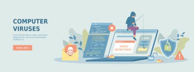 Bilgisayar virüsleri. Hacker saldırısı, sahtekarlık hesabı, şifre çalma. Hatalar tespit edildi, virüslü kod. Promosyon web afişi. Çizgi film düz vektör çizimi.