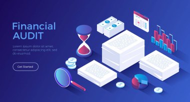 İstatistik, belge analizi, veri toplama. Araştırma ve bilgi işleme. Grafikleri, çizelgeleri, diyagramları olan dokümanlar. Isometric iniş sayfası. Vektör web pankartı.