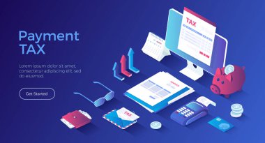 Online vergi ödeme servisi. Vergilendirme, vergi hesaplama. Monitördeki vergi formu, belgeler, para, kredi kartı, fatura. Isometric iniş sayfası. Vektör web pankartı.