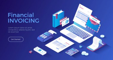 Fatura ve Ödeme. İnternetten ödeme, muhasebe, muhasebe, internet bankacılığı. Elektronik ve kağıt fatura, dizüstü bilgisayardaki faturalar. Isometric iniş sayfası. Vektör web pankartı.