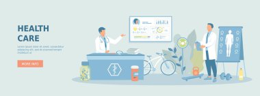 Sağlık sigortası, klinik konsültasyon, tıp hastanesi, laboratuvar testleri, sağlıklı yaşam tarzı. Hastası olan tıp doktorları. Promosyon web afişi. Çizgi film düz vektör çizimi.