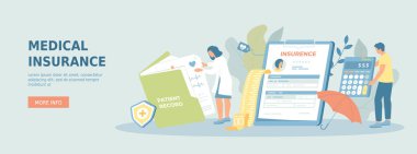 Tıbbi Sigorta Sözleşmesi Belgesi. Panodaki sigorta poliçesi. Tıbbi form doldurma, sağlık planı. Promosyon web afişi. Çizgi film düz vektör çizimi.