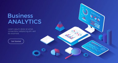 İş analizleri, veri analizleri, finans raporları. Belgeler, monitör, grafikli tablet. Isometric iniş sayfası. Vektör web pankartı.