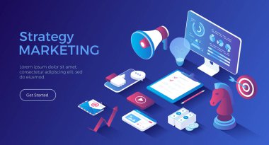 Pazarlama Stratejisi. Şirket hedeflerine ulaşmak, iş başarısı. İş planlaması, organizasyon, analitik. Isometric iniş sayfası. Vektör web pankartı.