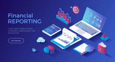 Finansal rapor. Analizler, analiz, denetim, sonuçlar, araştırma. Belgeler, raporlar, grafikler ve çizelgeler. Isometric iniş sayfası. Vektör web pankartı.
