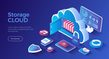 Bulut Depolama Servisi. İnternet sunucusu, veri yedeği, bulut bilgisayarı. Dosyalar için büyük bir bulut, korunaklı ve güvenli. Isometric iniş sayfası. Vektör web pankartı.
