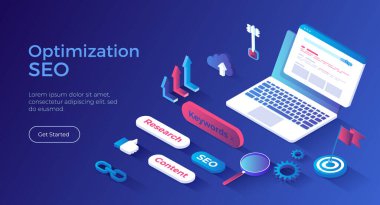 Arama motoru optimizasyonu, anahtar kelime araştırması. Arama motoru sonuçları sayfası laptop ekranında. Isometric iniş sayfası. Vektör web pankartı.