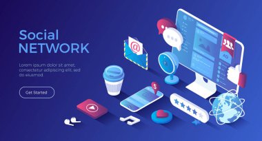 Sosyal ağ, internet iletişimi. Sosyal medya sitesinin telefon ve monitör sayfaları. Sohbet, uygulama, mesajlar, bildiriler. Isometric iniş sayfası. Vektör web pankartı.
