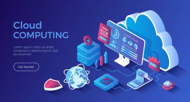 Bulut hesaplama, veri depolama, veritabanı sistemi. Bulut depolama sunucusu, veri yedekleme ve takas. Güvenli iletişim süreci. Isometric iniş sayfası. Vektör web pankartı.