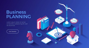 İş Planlama. Başlangıç, başarı stratejisi, hedef, fikir, yatırım, para kazanma. Panoda iş planı, bütçe. Isometric iniş sayfası. Vektör web pankartı.