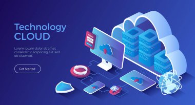 Bulut Teknolojisi. Büyük veri işleme merkezi, bulut veritabanı, bağlantı bilgileri, depolama, sunucu. Isometric iniş sayfası. Vektör web pankartı.