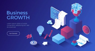 İş Büyüme ve Başarı. Finansal Başarı, Yönetim, Pazarlama Adımları. Ok, para dolu kupa, hedef. Isometric iniş sayfası. Vektör web pankartı.