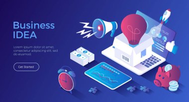 İş Fikri Girişimi. Fırlatma, iş başarısı, beyin fırtınası, planlama. Büyük ampul mecazi anlamda. Isometric iniş sayfası. Vektör web pankartı.