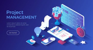 Proje yönetimi, planlama organizasyon programı. Üretkenlik, pazarlama analizi ve geliştirme. Isometric iniş sayfası. Vektör web pankartı.
