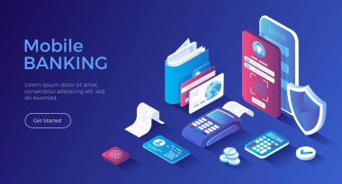 Mobil bankacılık, Finansal çevrimiçi hizmet. Akıllı telefon, ödeme, kredi, depozito gibi finansal işlemler. Isometric iniş sayfası. Vektör web pankartı.