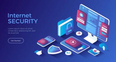 İnternet güvenliği, Siber Güvenlik, kişisel verilerin korunması. Şifre koruması, kimliğe dokun, yüz kimliği. Isometric iniş sayfası. Vektör web pankartı.