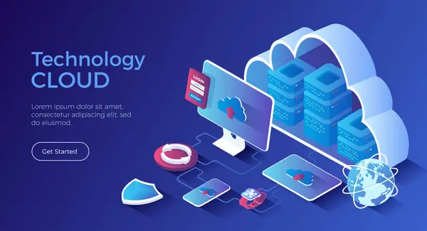 Bulut Teknolojisi. Büyük veri işleme merkezi, bulut veritabanı, bağlantı bilgileri, depolama, sunucu. Isometric iniş sayfası. Vektör web pankartı.