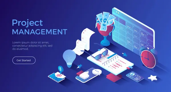 Proje yönetimi, planlama organizasyon programı. Üretkenlik, pazarlama analizi ve geliştirme. Isometric iniş sayfası. Vektör web pankartı.