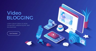 Video blogu. Sosyal ağlarda blog veya vlog için video içeriği oluşturuluyor. Sosyal medyada video yayını. Isometric iniş sayfası. Vektör web pankartı.