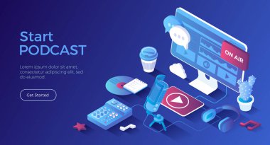 Bir ses yayını kaydet. Çevrimiçi podcast, Blog, Radyo Show. Podcasting ekipmanları ve APP. Stüdyo mikrofonu, kulaklıklar, mikser. Isometric iniş sayfası. Vektör web pankartı.