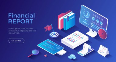 İş Veri Analizi, Mali Rapor. İstatistik ve iş beyanı. Şirket belgelerinin araştırılması. Isometric iniş sayfası. Vektör web pankartı.