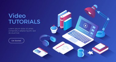 Video dersleri için. Uzaktan eğitim E-öğrenme. Çevrimiçi kurslar, dersler, web siteleri. İnternet eğitimi, eğitim. Bilgisayarda video var. Isometric iniş sayfası. Vektör web pankartı.