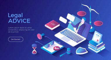 Yasal Danışmanlık ve Yardım. Çevrimiçi servis. Profesyonel bir avukat dizüstü bilgisayarla danışmanlık yapar. Hukuk ve adalet kavramı. Isometric iniş sayfası. Vektör web pankartı.